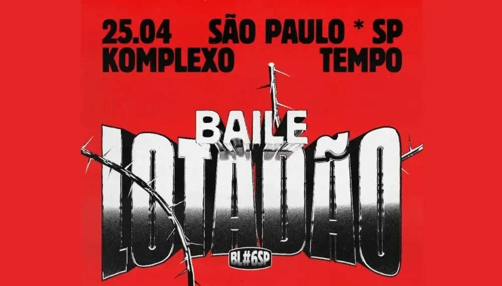 Pessoas se divertindo no Baile Lotadão em São Paulo, com uma mistura vibrante de música eletrônica e funk.