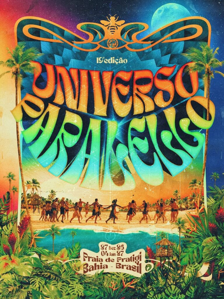 Festival Universo Paralello 2026/2027 em Ituberá com música eletrônica e atmosfera psicodélica.