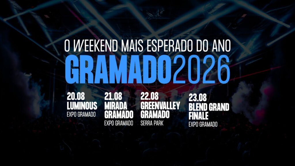 Imagem do festival Gramado Weekend 2026 em Gramado, RS, com pessoas se divertindo ao som de música ao vivo
