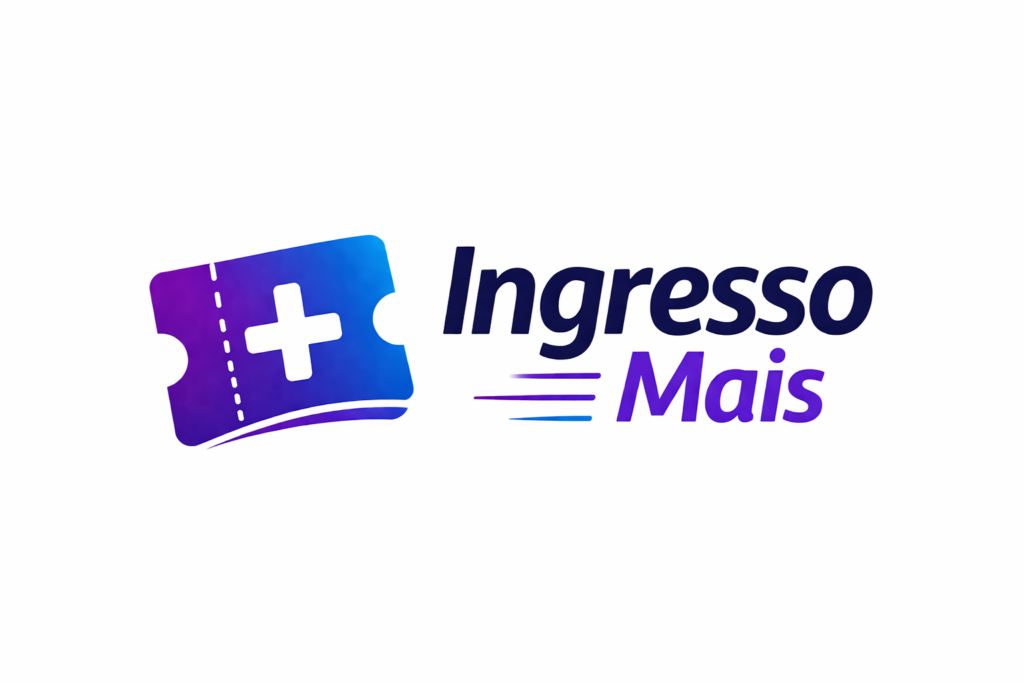 Logo Ingresso Mais com ícone de ingresso e símbolo de mais