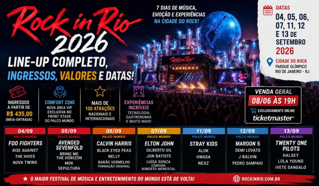 Palco principal do Rock in Rio 2026 com atrações confirmadas do festival