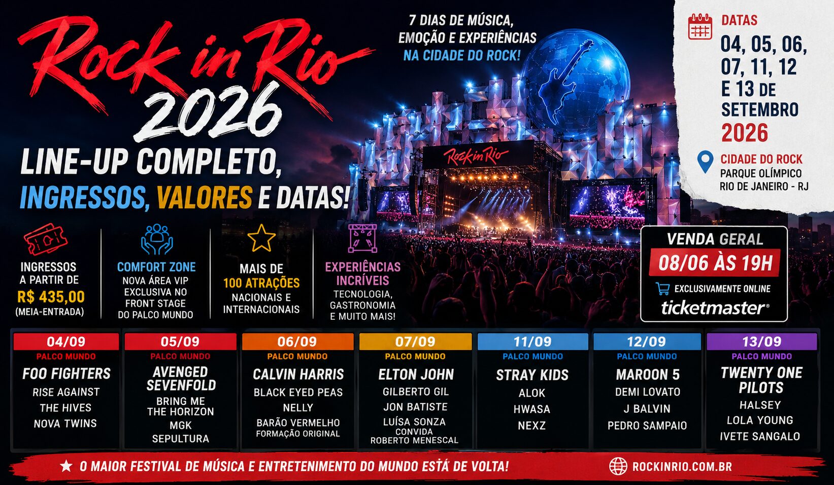 Imagem ilustrativa sobre Rock in Rio 2026 revela line‑up completo: quem entra no palco e como assistir