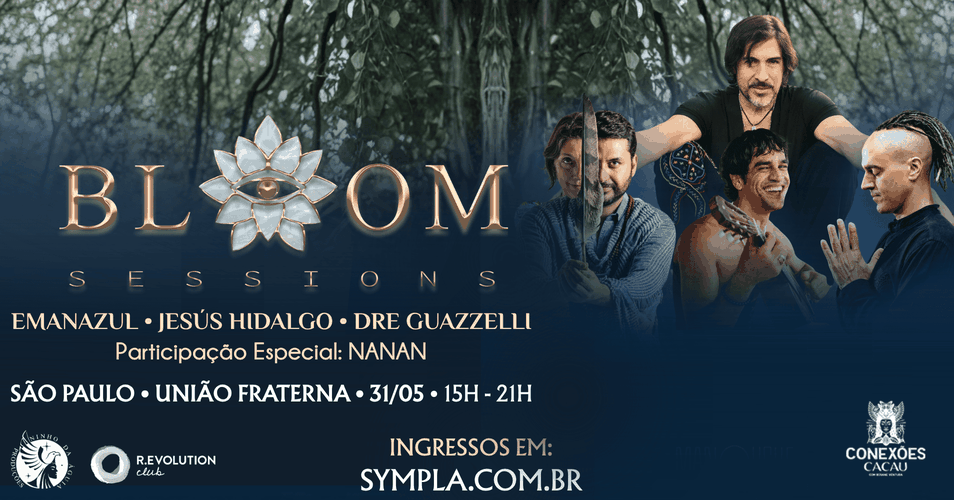 Pessoas dançando e se conectando durante a Bloom Sessions em São Paulo, com elementos artísticos e espirituais ao fundo.