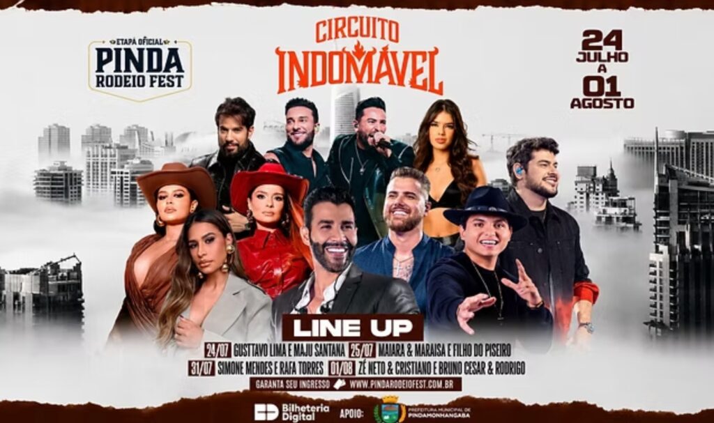 Banner do Pinda Rodeio Fest 2026 com detalhes sobre shows e ingressos