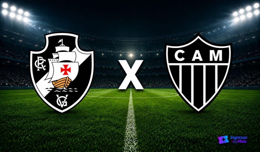 Imagem de Vasco x Atlético-MG com escudos dos clubes em estádio iluminado