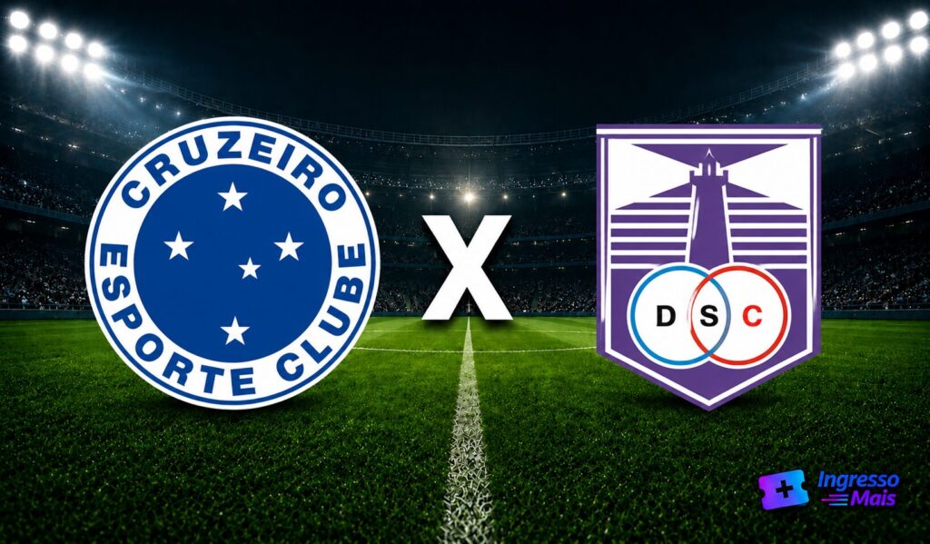Imagem do confronto Cruzeiro x Defensor-URU com escudos dos clubes em estádio iluminado