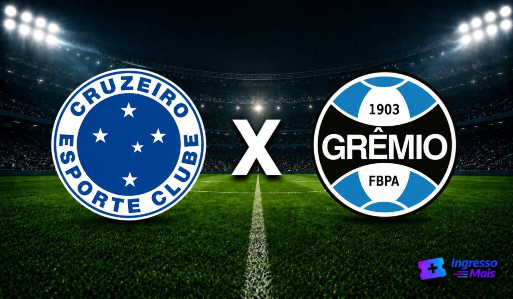 Imagem do confronto Cruzeiro x Grêmio com escudos dos clubes em estádio iluminado
