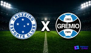 Imagem do confronto Cruzeiro x Grêmio com escudos dos clubes em estádio iluminado