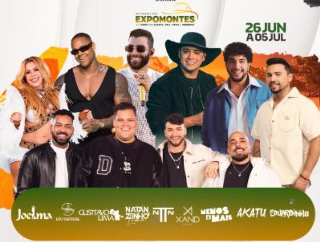 Cartaz do evento Expomontes 2026 em Montes Claros, MG, com informações sobre shows e ingressos.
