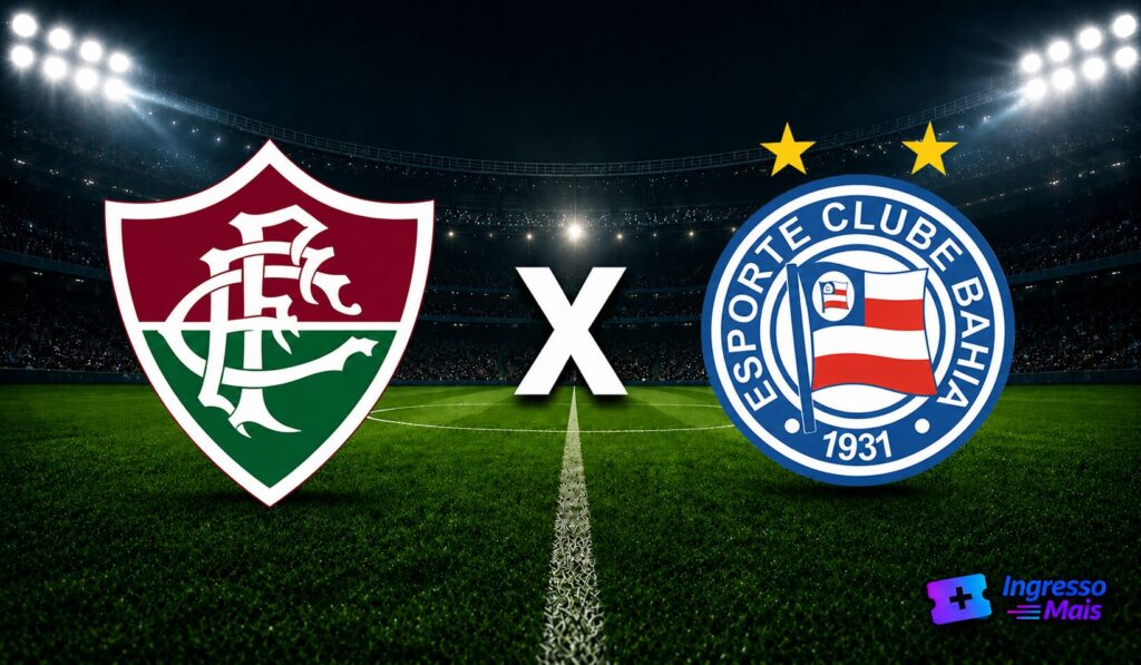 Imagem do confronto Fluminense x Bahia com escudos dos clubes em estádio iluminado
