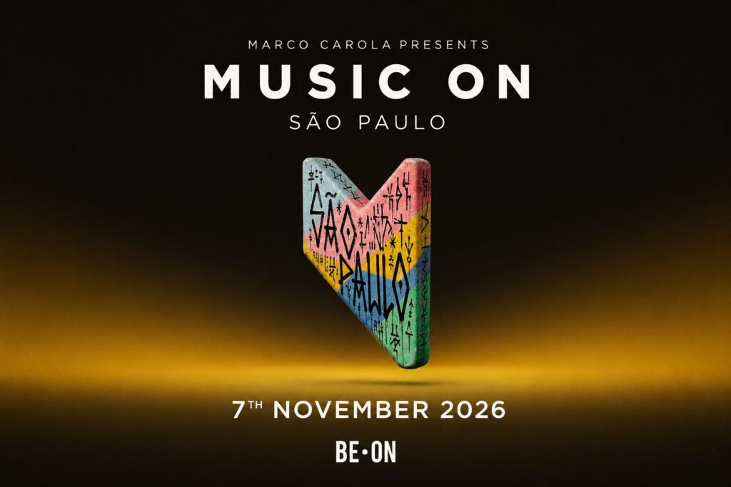 Evento Music On em São Paulo 2026, com público dançando ao som da música eletrônica durante o final de semana da Fórmula 1.