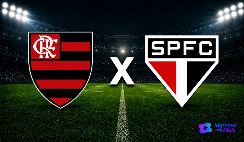 Imagem do confronto Flamengo x São Paulo com escudos dos clubes em estádio iluminado