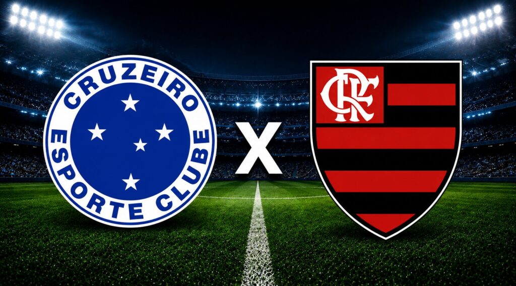 Imagem do confronto Cruzeiro x Flamengo com escudos dos clubes em estádio iluminado