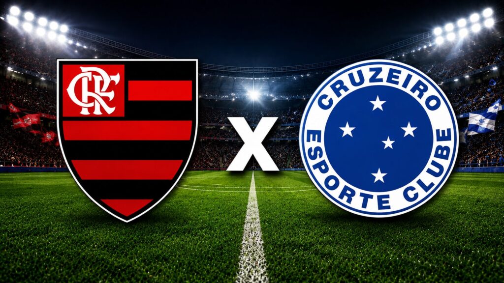 Imagem do confronto Flamengo x Cruzeiro com escudos dos clubes em estádio iluminado