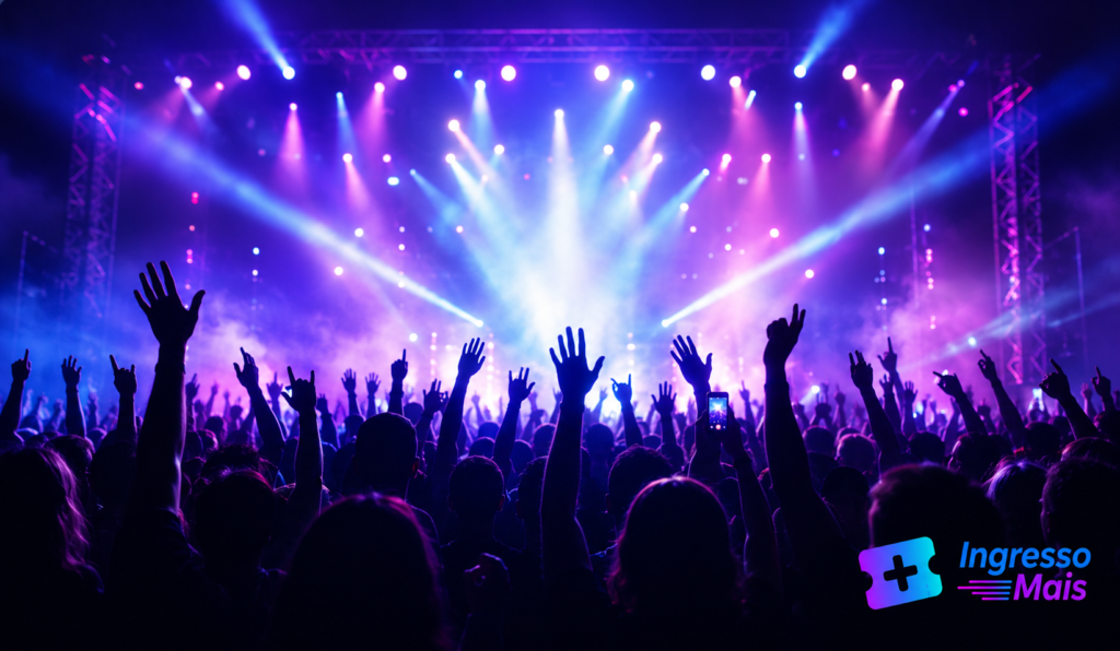 Público em show com iluminação e palco de evento