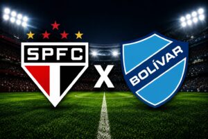 Imagem do confronto São Paulo x Bolívar com escudos dos clubes em estádio iluminado