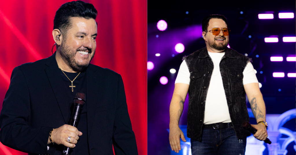 Bruno e Marrone no palco durante o show premium em Vila Velha, ES