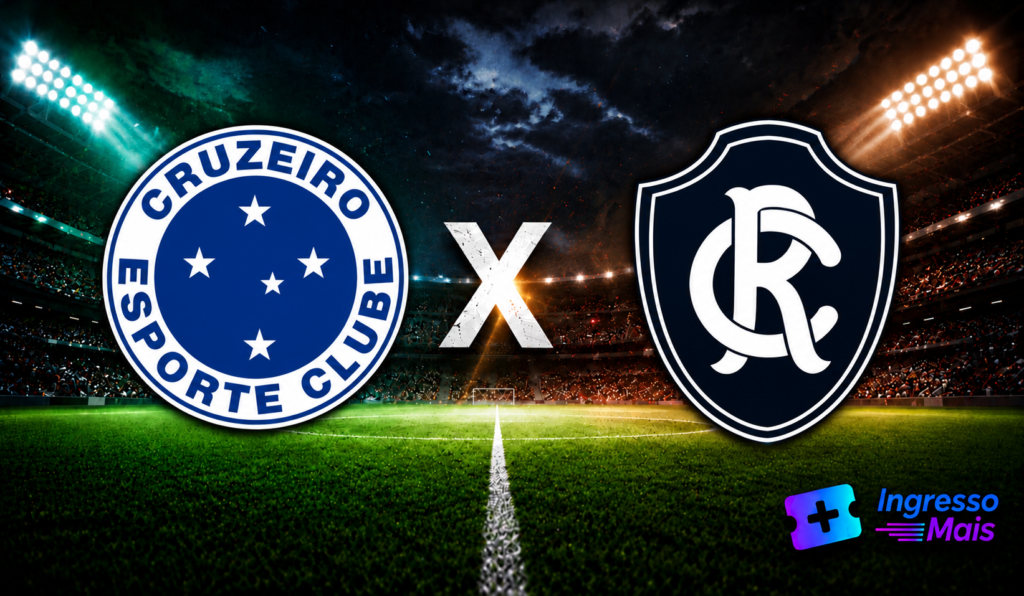 Escudos do Cruzeiro e do Remo em estádio de futebol iluminado